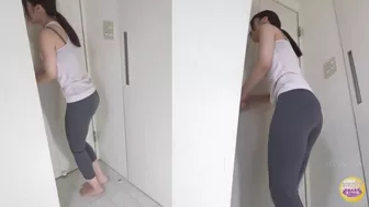 DLSL-512 03 Unbearable wetting shame during yoga class. Dark pee stains spreading in gray tights, JAV Collection, DesperVids